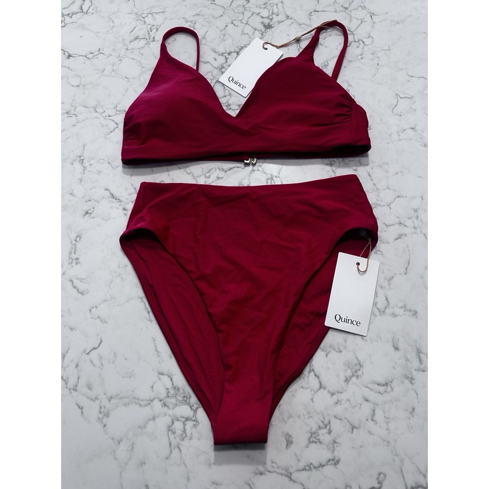 NWT Quince Cherry Red Italian V Neck Bikini Top & High Rise High Leg Bottom Set